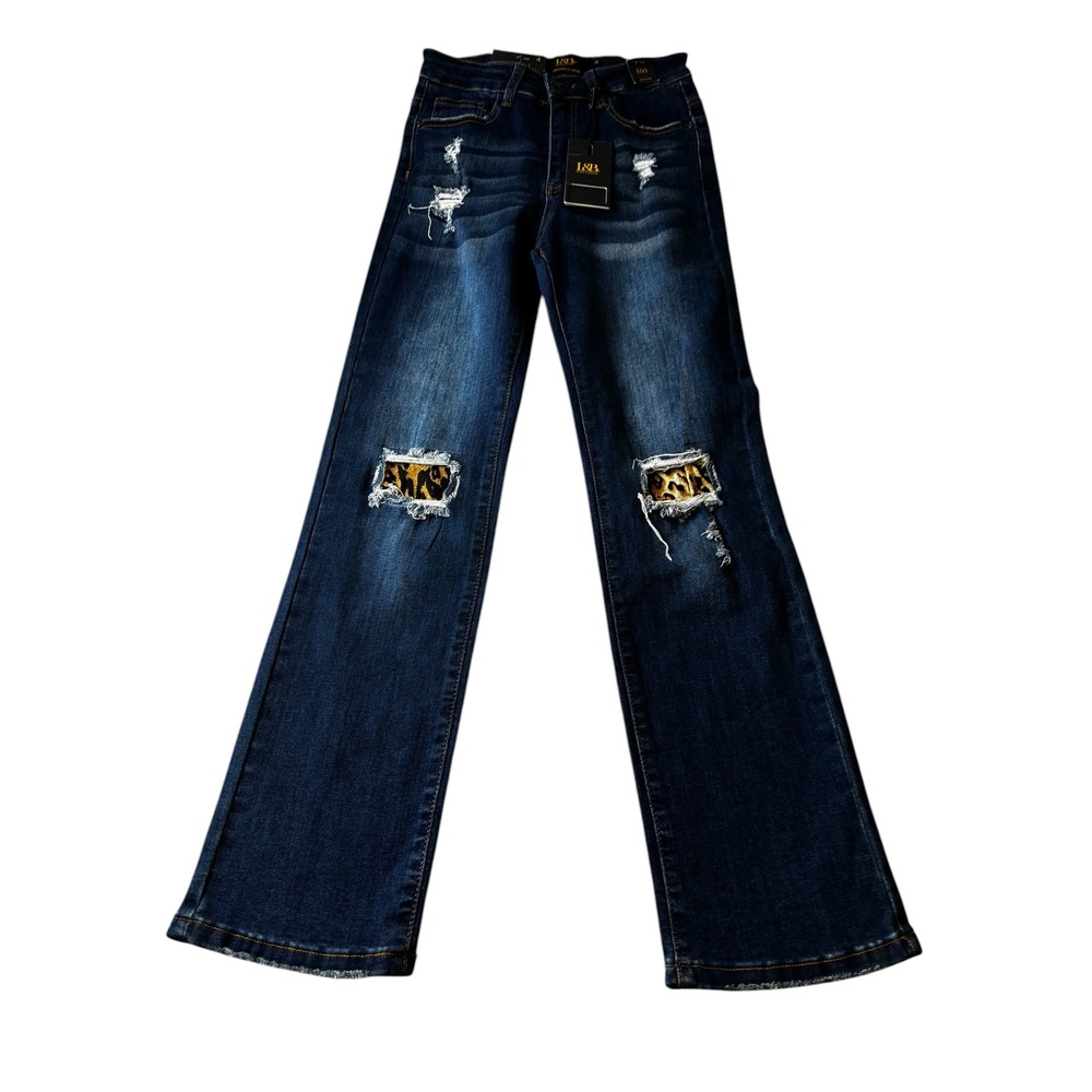 Lucky & Blessed L&B High Rise Mom Jeans Distressed Leopard Patch Flare Dark 4